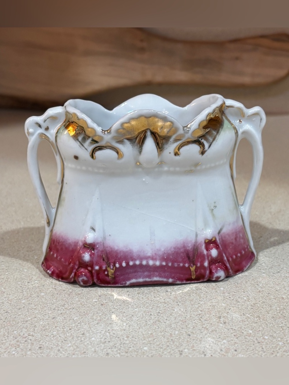 Vintage German White and Pink Porcelain Decorative Vase with Gold Accents